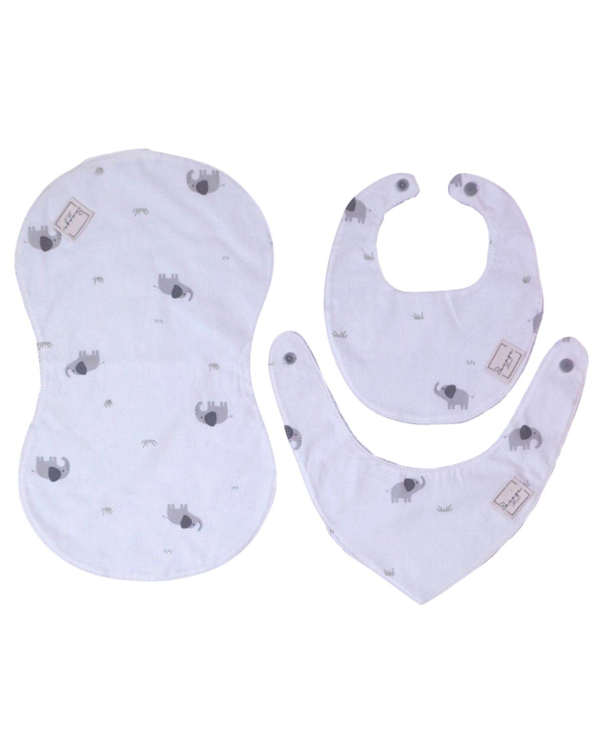 Pack regalo SAVAGE LINE para bebé con babero, bandana y toalla de lactancia de algodón con estampado de elefantes.