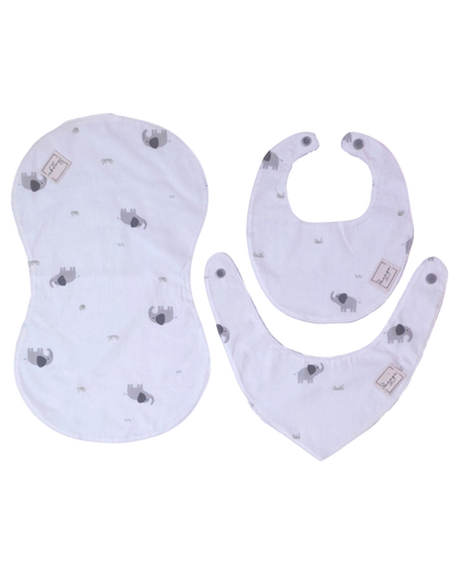 Pack regalo SAVAGE LINE para bebé con babero, bandana y toalla de lactancia de algodón con estampado de elefantes.