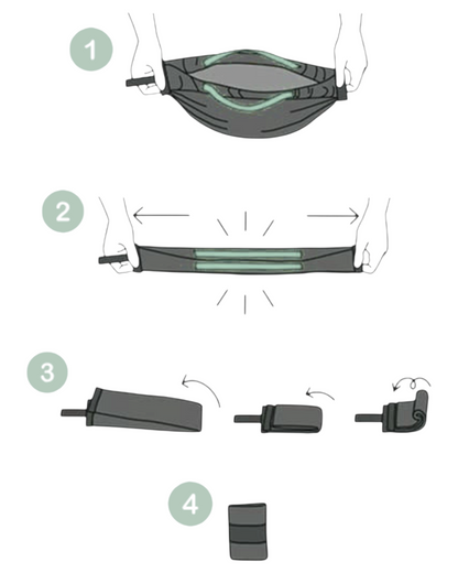Ilustración de SAVAGE LINE mostrando los pasos para plegar la bolsa artesanal Japonesa ASTROS de popelín gris.