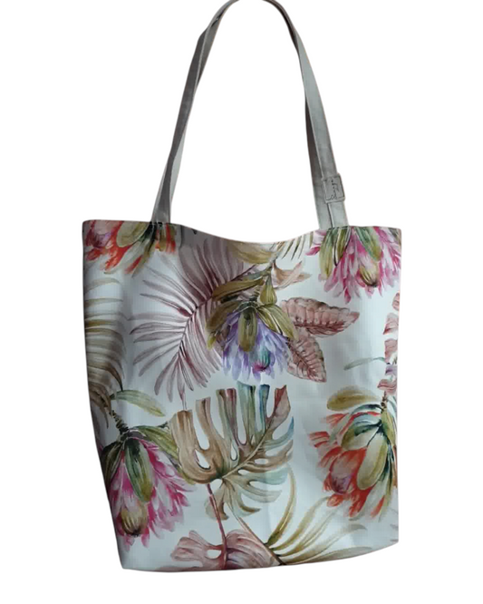 Tote bag artesanal SAVAGE LINE modelo Adán y Eva en loneta de algodón con estampado floral tropical y tonos suaves