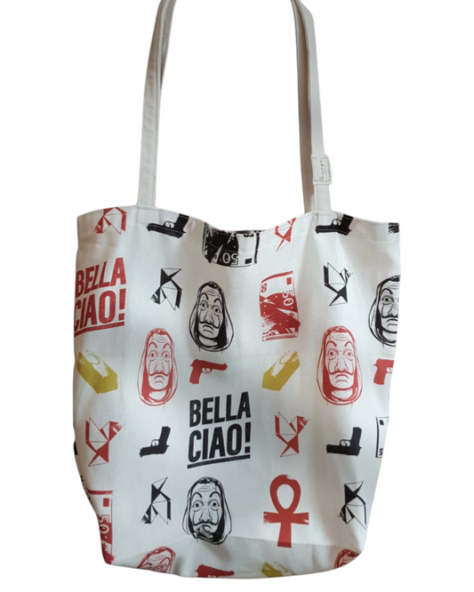 Tote bag SAVAGE LINE de algodón con estampado temático Bella Ciao, diseño minimalista en color blanco y rojo.